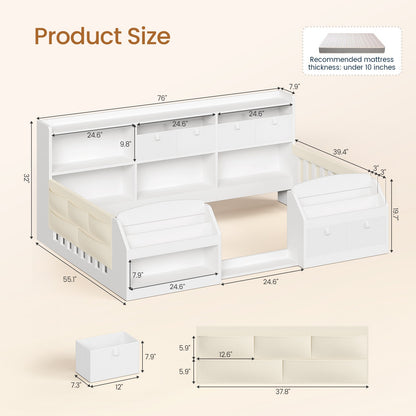 AOGLLATI Full Size Floor Wooden Montessori Bed Frame with 4 Fabric Drawers and Both Sides Bookshelves 2-Tier Side Shelf Side Pockets and Rails