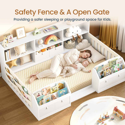 AOGLLATI Full Size Floor Wooden Montessori Bed Frame with 4 Fabric Drawers and Both Sides Bookshelves 2-Tier Side Shelf Side Pockets and Rails