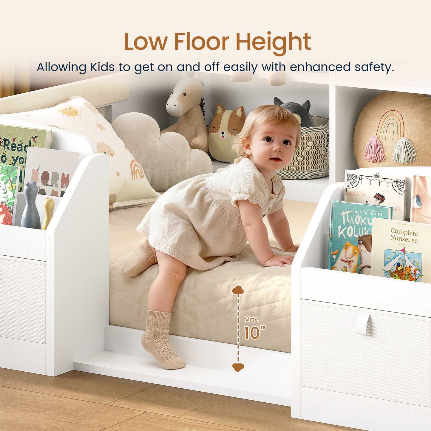 AOGLLATI Full Size Floor Wooden Montessori Bed Frame with 4 Fabric Drawers and Both Sides Bookshelves 2-Tier Side Shelf Side Pockets and Rails