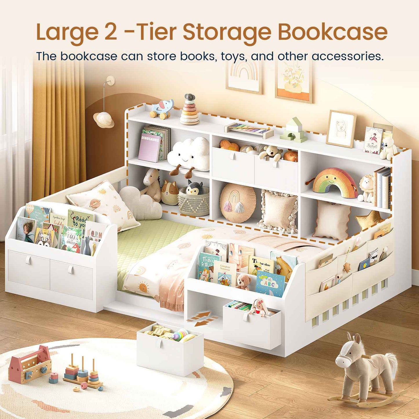 AOGLLATI Full Size Floor Wooden Montessori Bed Frame with 4 Fabric Drawers and Both Sides Bookshelves 2-Tier Side Shelf Side Pockets and Rails