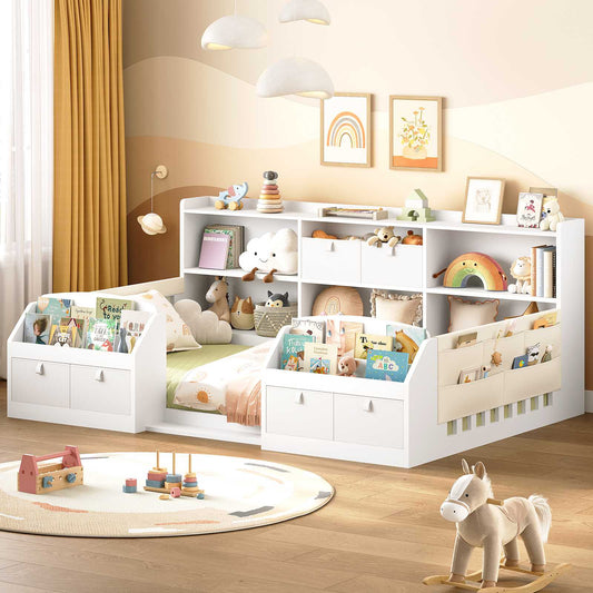 AOGLLATI Full Size Floor Wooden Montessori Bed Frame with 4 Fabric Drawers and Both Sides Bookshelves 2-Tier Side Shelf Side Pockets and Rails