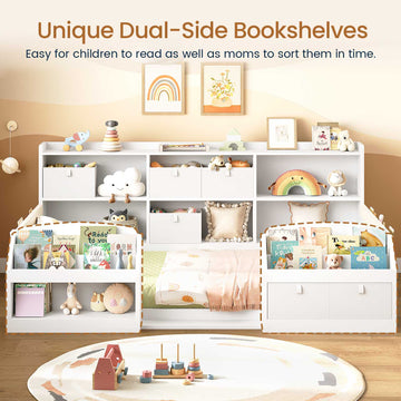 AOGLLATI Full Size Floor Wooden Montessori Bed Frame with 4 Fabric Drawers and Both Sides Bookshelves 2-Tier Side Shelf Side Pockets and Rails