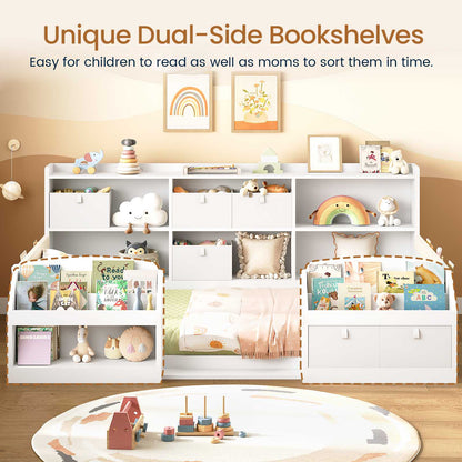 AOGLLATI Full Size Floor Wooden Montessori Bed Frame with 4 Fabric Drawers and Both Sides Bookshelves 2-Tier Side Shelf Side Pockets and Rails