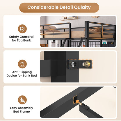AOGLLATI Bunk Bed Twin Over Twin with 6 Storage Drawers and Desk Metal LED Loft Bed with Charging Station and Side Bag Hanging Rod Stair and Guardrail
