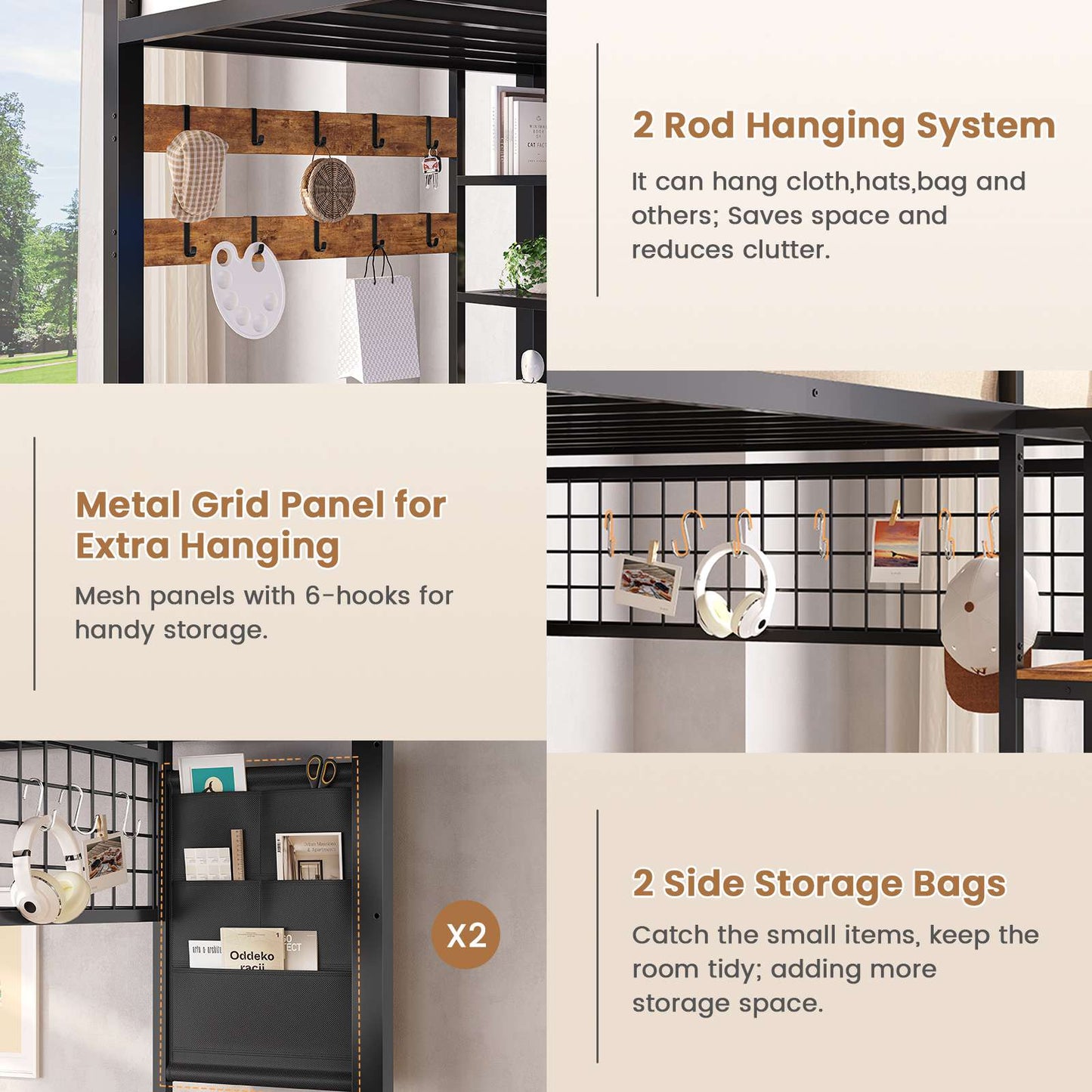 AOGLLATI Bunk Bed Twin Over Twin with 6 Storage Drawers and Desk Metal LED Loft Bed with Charging Station and Side Bag Hanging Rod Stair and Guardrail