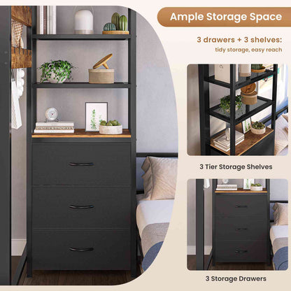 AOGLLATI Bunk Bed Twin Over Twin with 6 Storage Drawers and Desk Metal LED Loft Bed with Charging Station and Side Bag Hanging Rod Stair and Guardrail