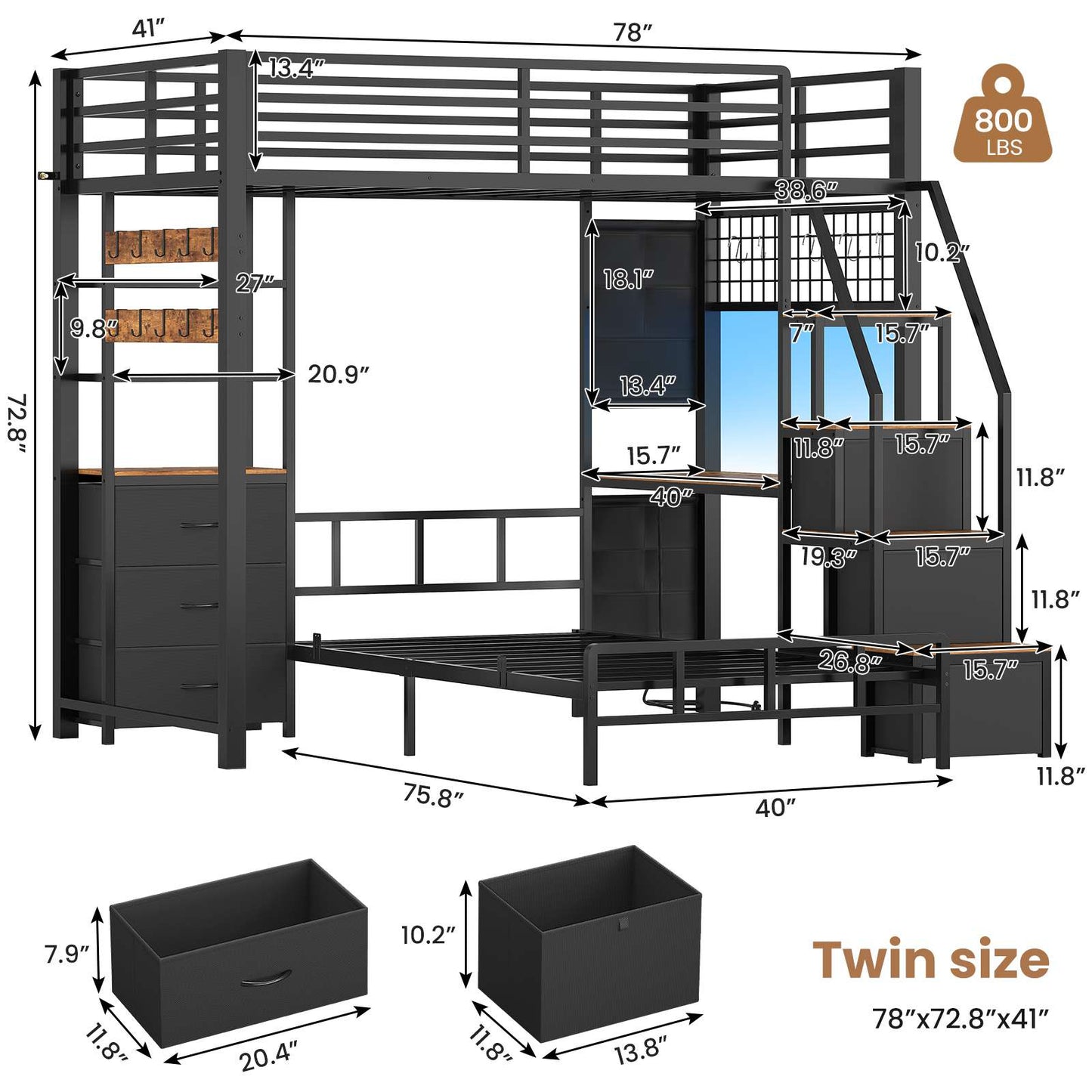 AOGLLATI Bunk Bed Twin Over Twin with 6 Storage Drawers and Desk Metal LED Loft Bed with Charging Station and Side Bag Hanging Rod Stair and Guardrail