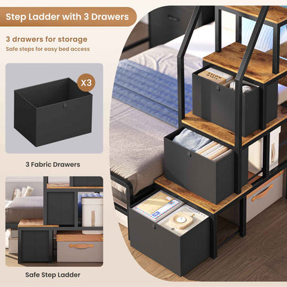 AOGLLATI Bunk Bed Twin Over Twin with 6 Storage Drawers and Desk Metal LED Loft Bed with Charging Station and Side Bag Hanging Rod Stair and Guardrail