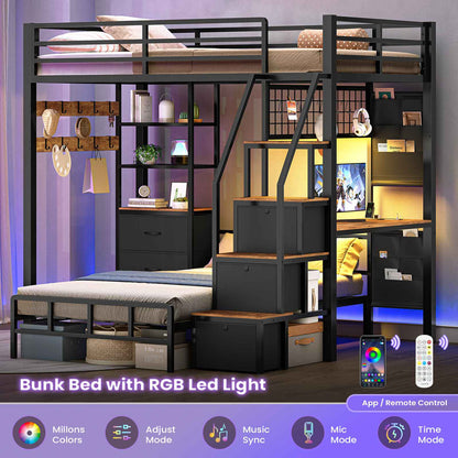 AOGLLATI Bunk Bed Twin Over Twin with 6 Storage Drawers and Desk Metal LED Loft Bed with Charging Station and Side Bag Hanging Rod Stair and Guardrail