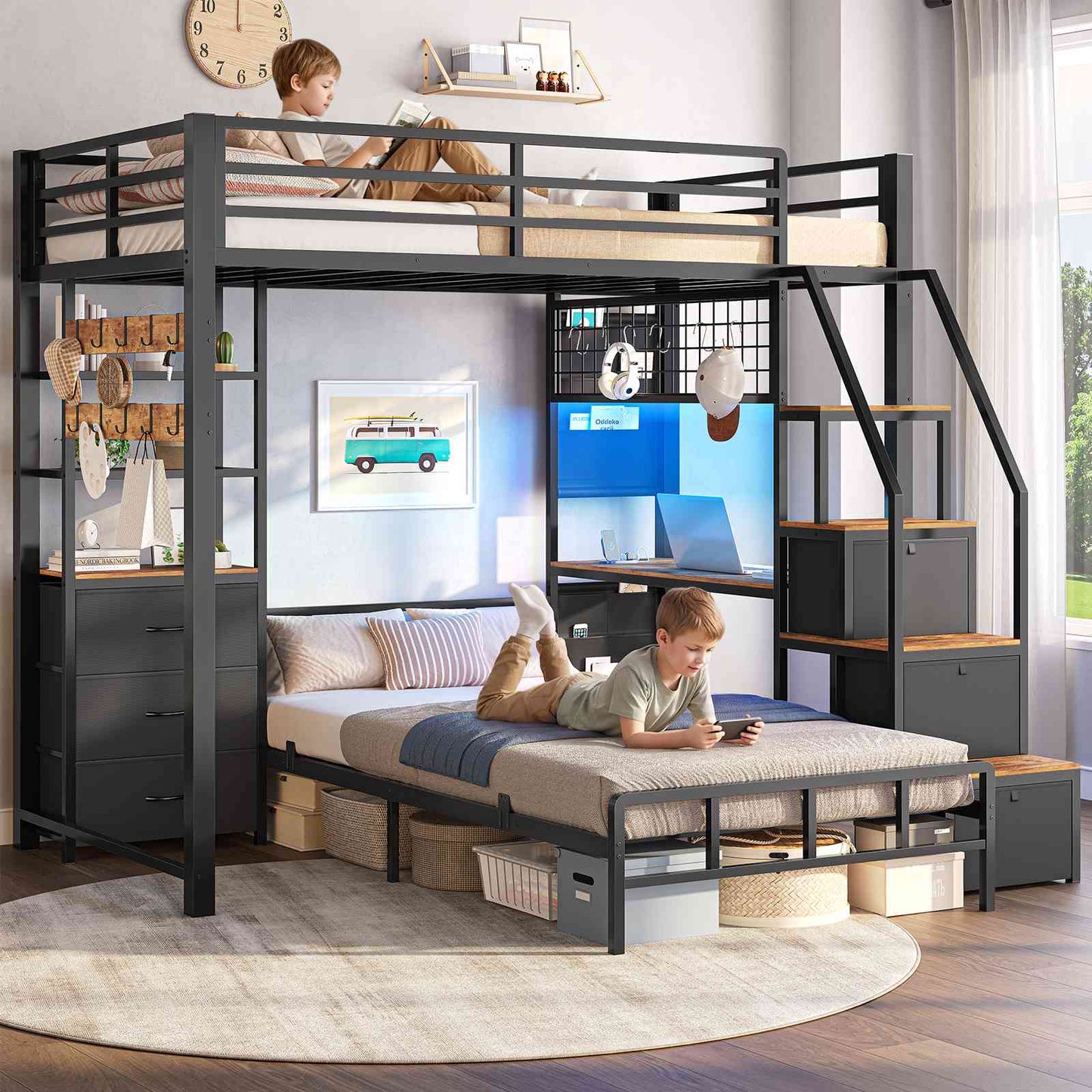 AOGLLATI Bunk Bed Twin Over Twin with 6 Storage Drawers and Desk Metal LED Loft Bed with Charging Station and Side Bag Hanging Rod Stair and Guardrail