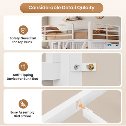 AOGLLATI Bunk Bed Twin Over Twin with 6 Storage Drawers and Desk Metal LED Loft Bed with Charging Station and Side Bag Hanging Rod Stair and Guardrail