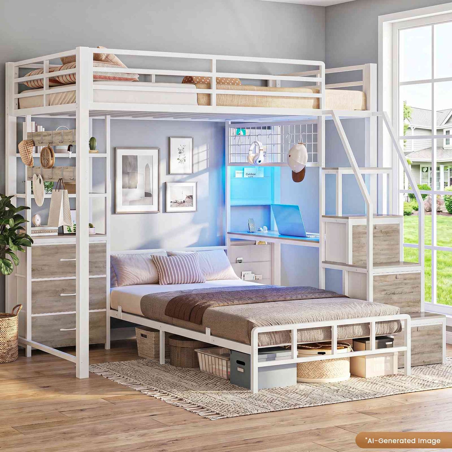 AOGLLATI Bunk Bed Twin Over Twin with 6 Storage Drawers and Desk Metal LED Loft Bed with Charging Station and Side Bag Hanging Rod Stair and Guardrail