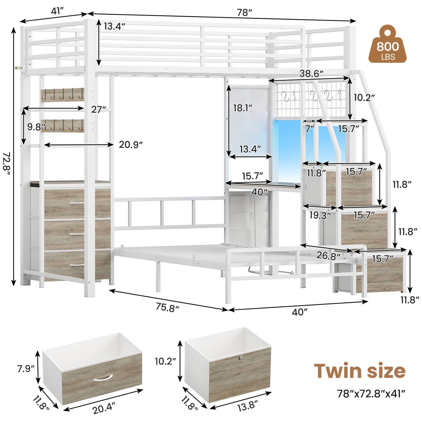 AOGLLATI Bunk Bed Twin Over Twin with 6 Storage Drawers and Desk Metal LED Loft Bed with Charging Station and Side Bag Hanging Rod Stair and Guardrail