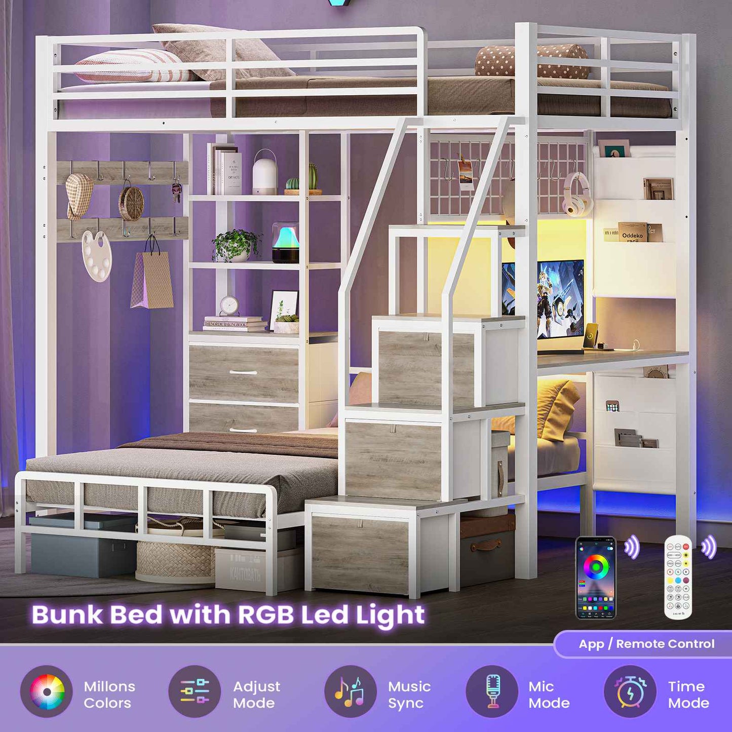 AOGLLATI Bunk Bed Twin Over Twin with 6 Storage Drawers and Desk Metal LED Loft Bed with Charging Station and Side Bag Hanging Rod Stair and Guardrail