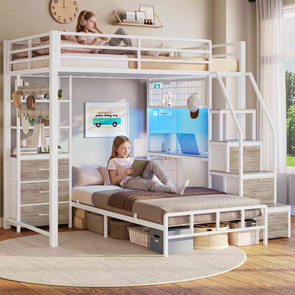 AOGLLATI Bunk Bed Twin Over Twin with 6 Storage Drawers and Desk Metal LED Loft Bed with Charging Station and Side Bag Hanging Rod Stair and Guardrail