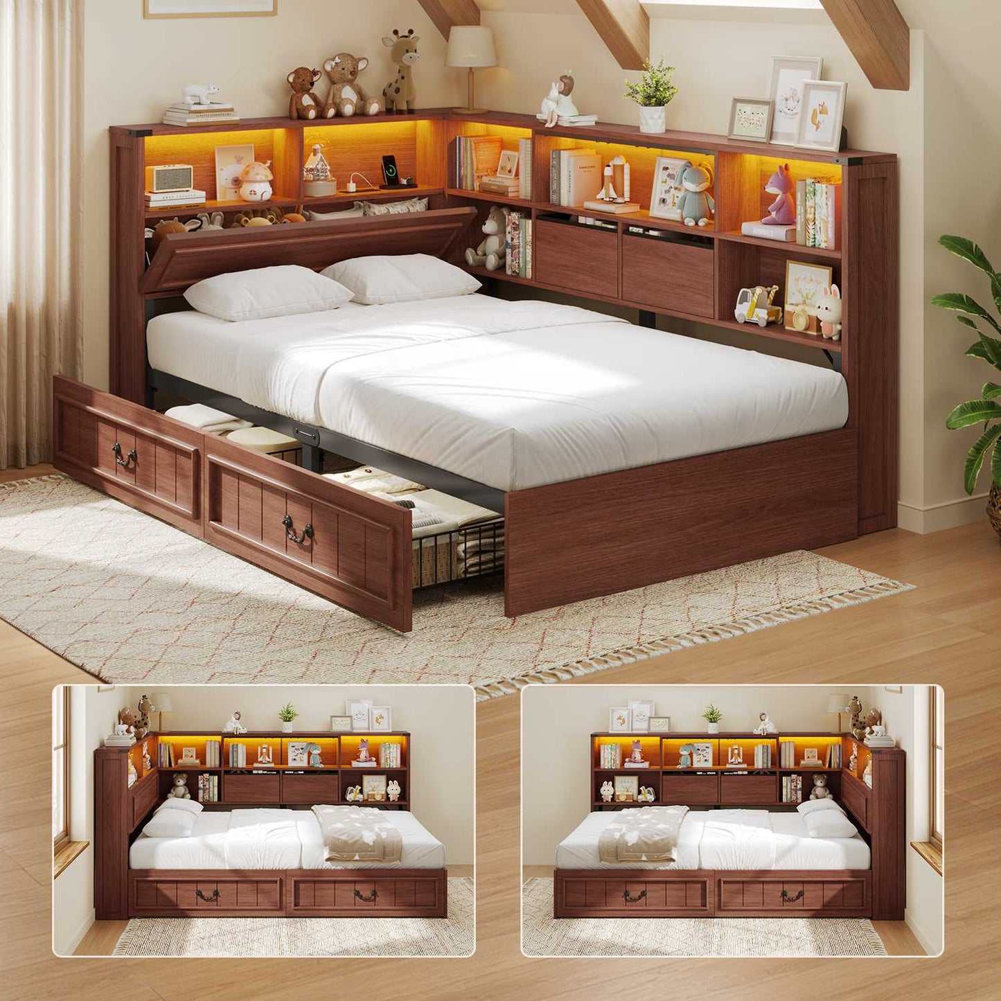 AOGLLATI Twin Corner Bed Frame with Storage Drawers and Bookcase Hidden Headboard Farmhouse Wood Daybed with Charging Station and Led Lights