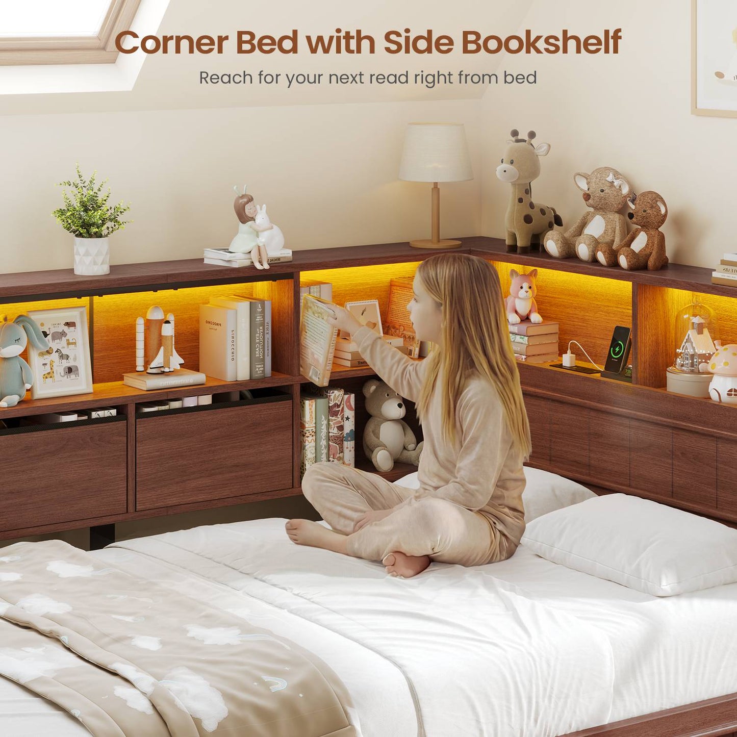 AOGLLATI Twin Corner Bed Frame with Storage Drawers and Bookcase Hidden Headboard Farmhouse Wood Daybed with Charging Station and Led Lights