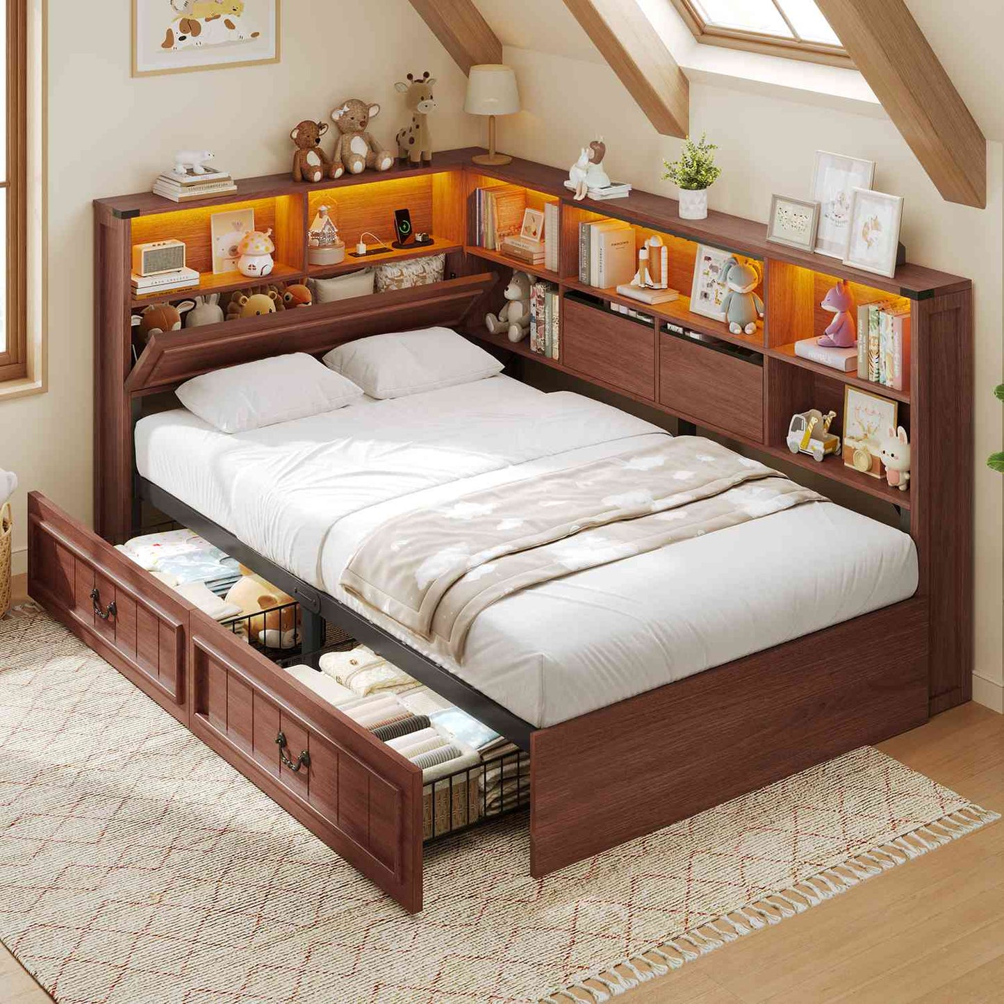 AOGLLATI Twin Corner Bed Frame with Storage Drawers and Bookcase Hidden Headboard Farmhouse Wood Daybed with Charging Station and Led Lights