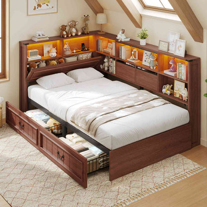 AOGLLATI Twin Corner Bed Frame with Storage Drawers and Bookcase Hidden Headboard Farmhouse Wood Daybed with Charging Station and Led Lights