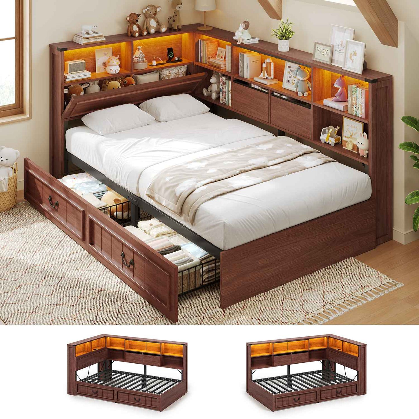 AOGLLATI Twin Corner Bed Frame with Storage Drawers and Bookcase Hidden Headboard Farmhouse Wood Daybed with Charging Station and Led Lights