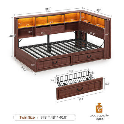 AOGLLATI Twin Corner Bed Frame with Storage Drawers and Bookcase Hidden Headboard Farmhouse Wood Daybed with Charging Station and Led Lights