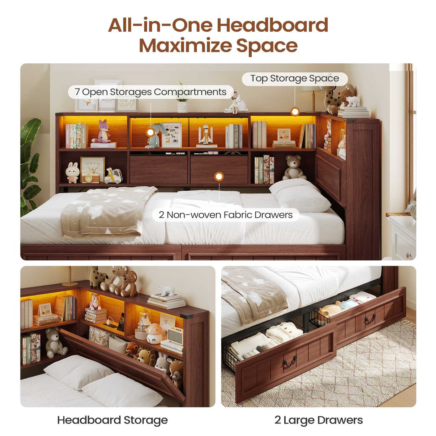 AOGLLATI Twin Corner Bed Frame with Storage Drawers and Bookcase Hidden Headboard Farmhouse Wood Daybed with Charging Station and Led Lights