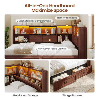 AOGLLATI Twin Corner Bed Frame with Storage Drawers and Bookcase Hidden Headboard Farmhouse Wood Daybed with Charging Station and Led Lights