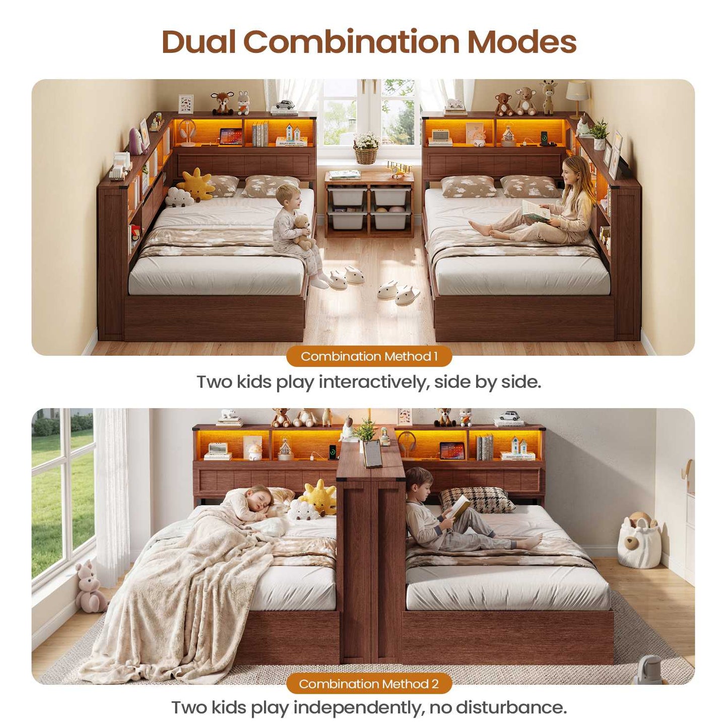 AOGLLATI Twin Corner Bed Frame with Storage Drawers and Bookcase Hidden Headboard Farmhouse Wood Daybed with Charging Station and Led Lights