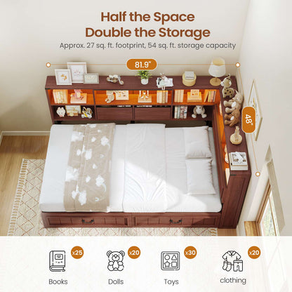 AOGLLATI Twin Corner Bed Frame with Storage Drawers and Bookcase Hidden Headboard Farmhouse Wood Daybed with Charging Station and Led Lights