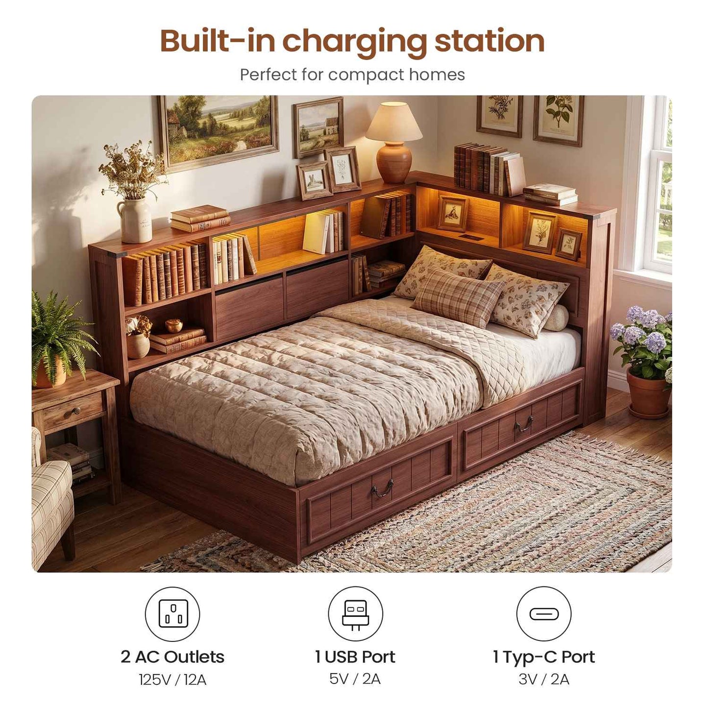 AOGLLATI Twin Corner Bed Frame with Storage Drawers and Bookcase Hidden Headboard Farmhouse Wood Daybed with Charging Station and Led Lights