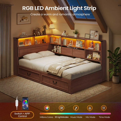 AOGLLATI Twin Corner Bed Frame with Storage Drawers and Bookcase Hidden Headboard Farmhouse Wood Daybed with Charging Station and Led Lights
