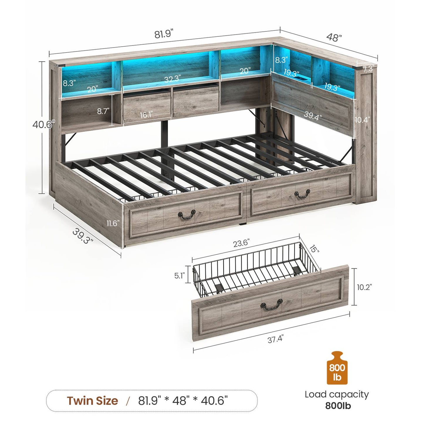AOGLLATI Twin Corner Bed Frame with Storage Drawers and Bookcase Hidden Headboard Farmhouse Wood Daybed with Charging Station and Led Lights