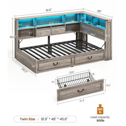 AOGLLATI Twin Corner Bed Frame with Storage Drawers and Bookcase Hidden Headboard Farmhouse Wood Daybed with Charging Station and Led Lights