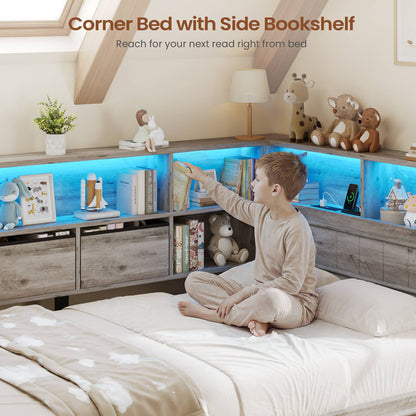 AOGLLATI Twin Corner Bed Frame with Storage Drawers and Bookcase Hidden Headboard Farmhouse Wood Daybed with Charging Station and Led Lights
