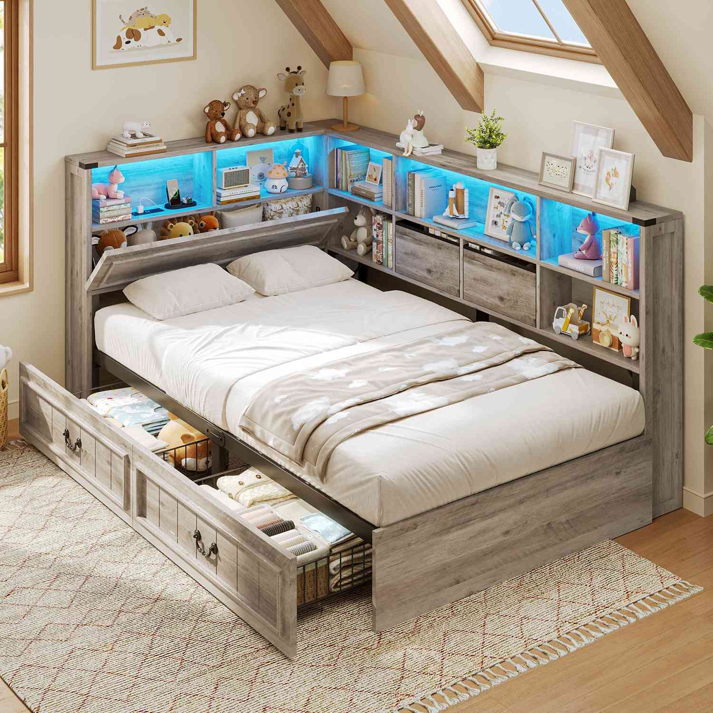 AOGLLATI Twin Corner Bed Frame with Storage Drawers and Bookcase Hidden Headboard Farmhouse Wood Daybed with Charging Station and Led Lights