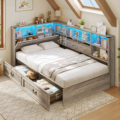 AOGLLATI Twin Corner Bed Frame with Storage Drawers and Bookcase Hidden Headboard Farmhouse Wood Daybed with Charging Station and Led Lights
