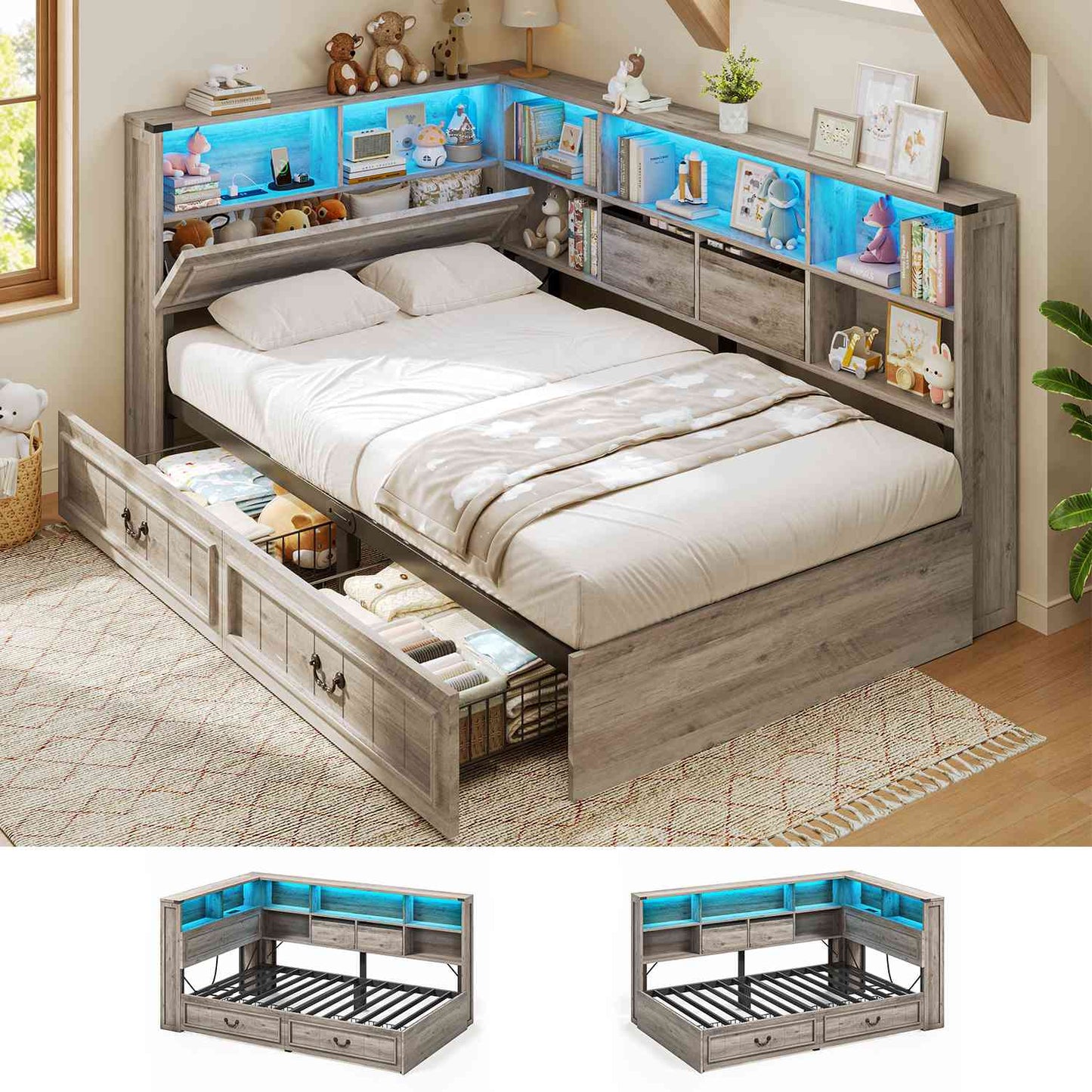 AOGLLATI Twin Corner Bed Frame with Storage Drawers and Bookcase Hidden Headboard Farmhouse Wood Daybed with Charging Station and Led Lights