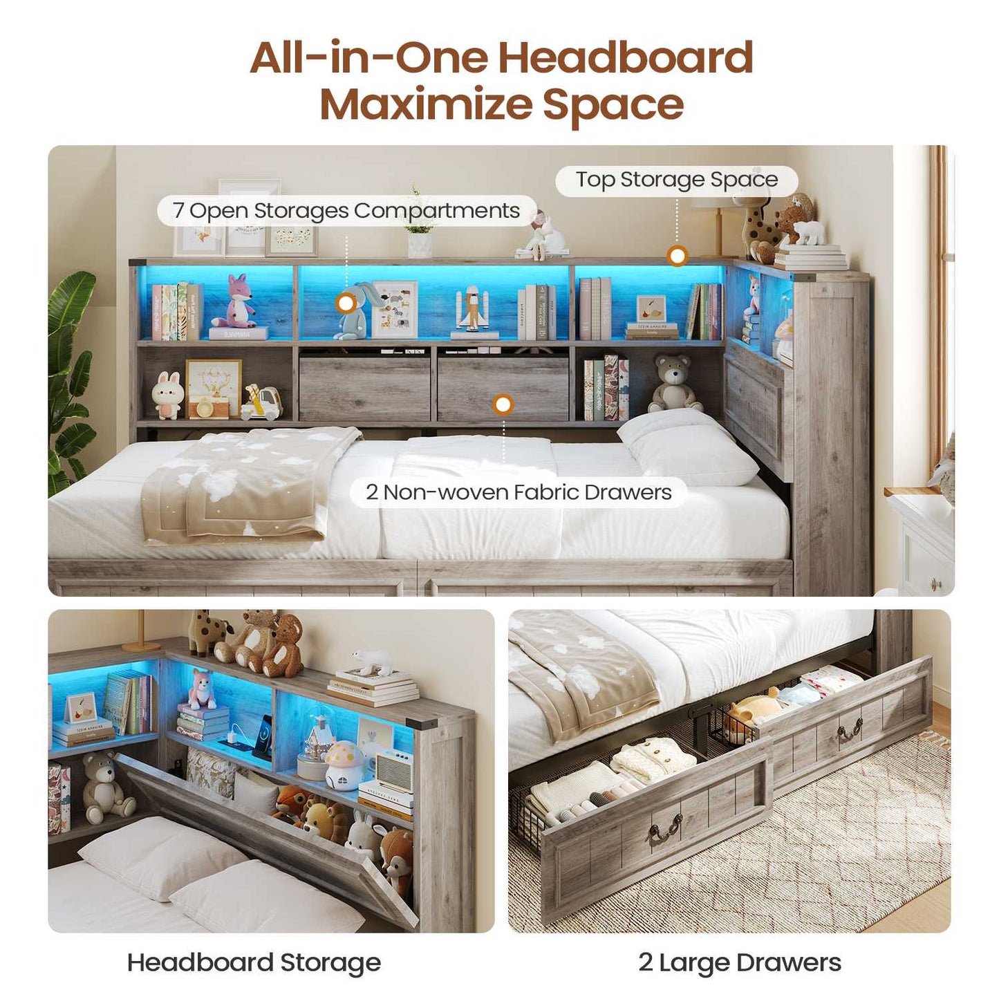 AOGLLATI Twin Corner Bed Frame with Storage Drawers and Bookcase Hidden Headboard Farmhouse Wood Daybed with Charging Station and Led Lights