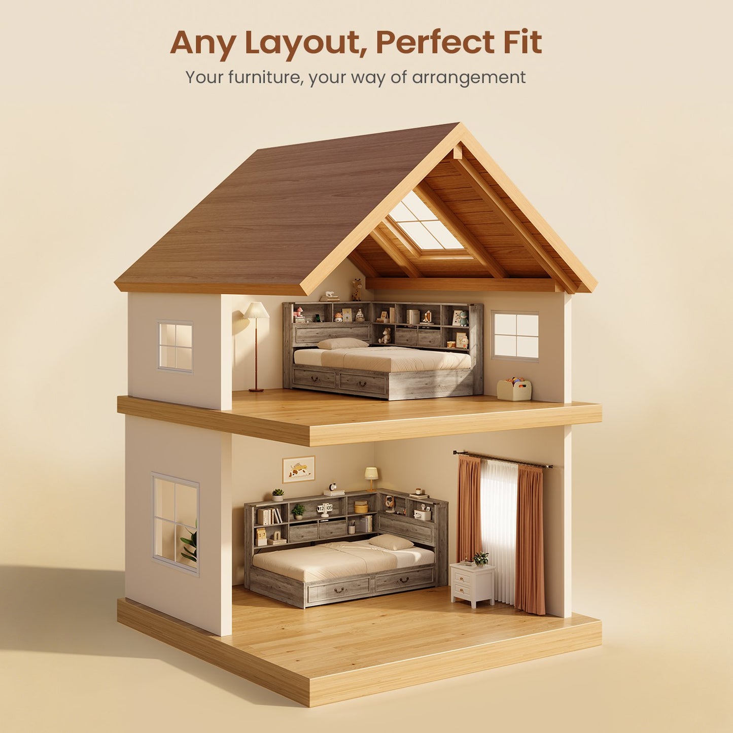 AOGLLATI Twin Corner Bed Frame with Storage Drawers and Bookcase Hidden Headboard Farmhouse Wood Daybed with Charging Station and Led Lights