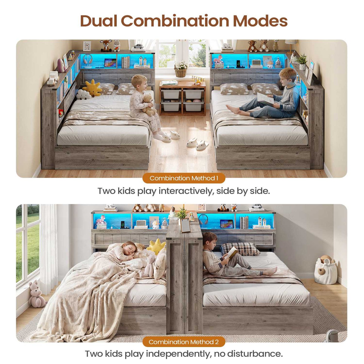 AOGLLATI Twin Corner Bed Frame with Storage Drawers and Bookcase Hidden Headboard Farmhouse Wood Daybed with Charging Station and Led Lights