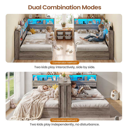 AOGLLATI Twin Corner Bed Frame with Storage Drawers and Bookcase Hidden Headboard Farmhouse Wood Daybed with Charging Station and Led Lights