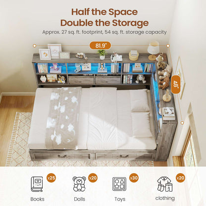 AOGLLATI Twin Corner Bed Frame with Storage Drawers and Bookcase Hidden Headboard Farmhouse Wood Daybed with Charging Station and Led Lights