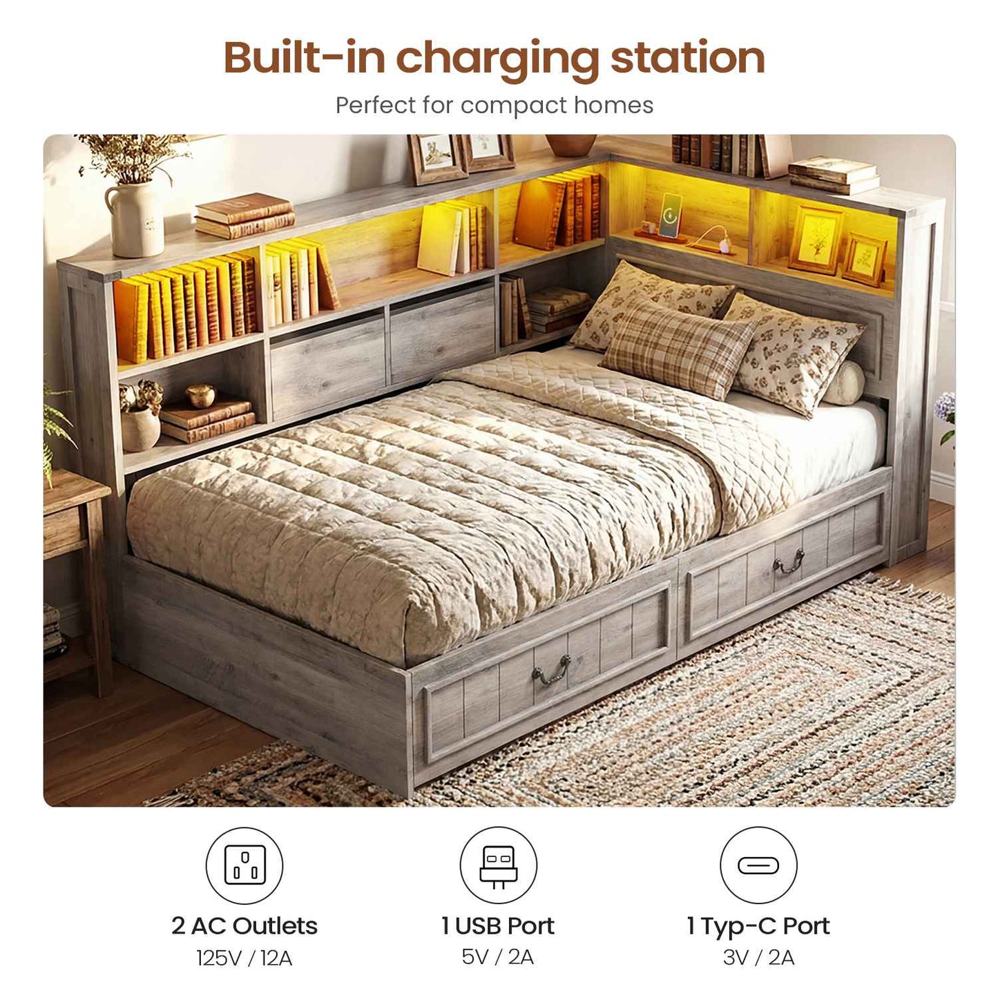 AOGLLATI Twin Corner Bed Frame with Storage Drawers and Bookcase Hidden Headboard Farmhouse Wood Daybed with Charging Station and Led Lights