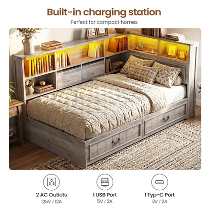 AOGLLATI Twin Corner Bed Frame with Storage Drawers and Bookcase Hidden Headboard Farmhouse Wood Daybed with Charging Station and Led Lights