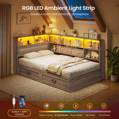 AOGLLATI Twin Corner Bed Frame with Storage Drawers and Bookcase Hidden Headboard Farmhouse Wood Daybed with Charging Station and Led Lights