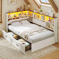 AOGLLATI Twin Corner Bed Frame with Storage Drawers and Bookcase Hidden Headboard Farmhouse Wood Daybed with Charging Station and Led Lights