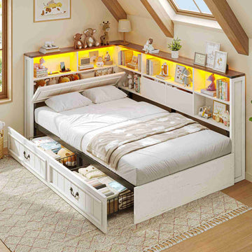 AOGLLATI Twin Corner Bed Frame with Storage Drawers and Bookcase Hidden Headboard Farmhouse Wood Daybed with Charging Station and Led Lights