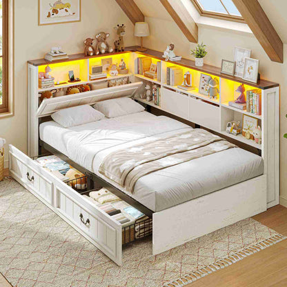 AOGLLATI Twin Corner Bed Frame with Storage Drawers and Bookcase Hidden Headboard Farmhouse Wood Daybed with Charging Station and Led Lights