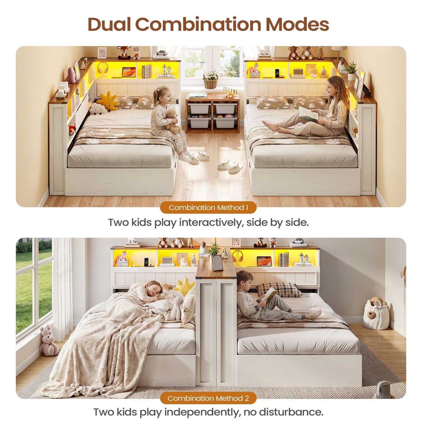 AOGLLATI Twin Corner Bed Frame with Storage Drawers and Bookcase Hidden Headboard Farmhouse Wood Daybed with Charging Station and Led Lights