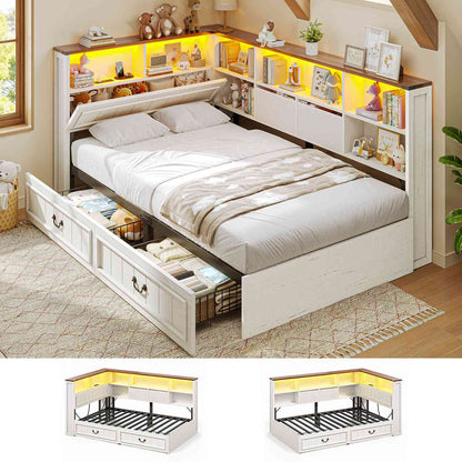 AOGLLATI Twin Corner Bed Frame with Storage Drawers and Bookcase Hidden Headboard Farmhouse Wood Daybed with Charging Station and Led Lights